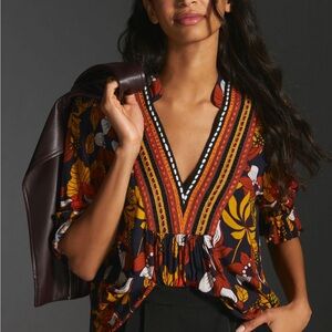 Boho Floral V-Neck Blouse - Navy and Orange